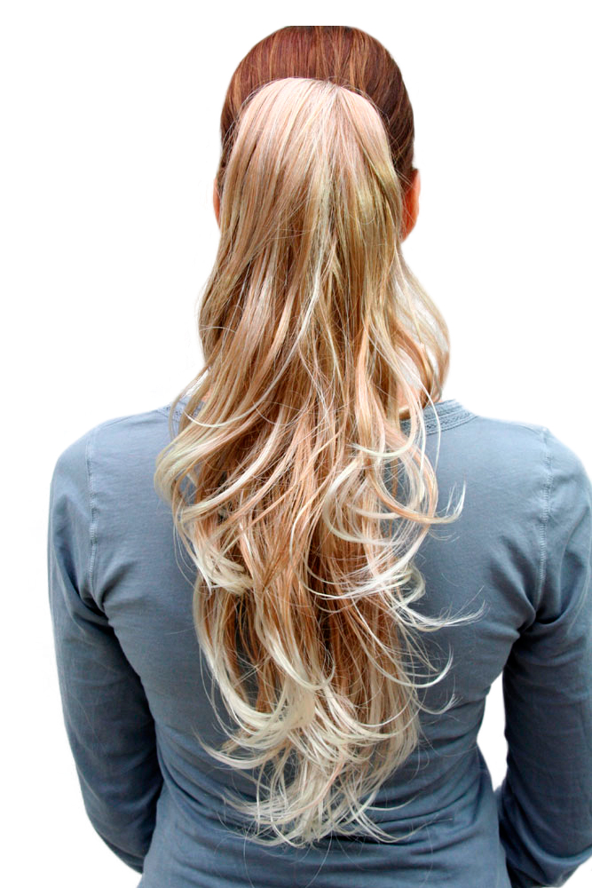 Ponytails, strawberry blonde-platinum blonde mix, wavy, long