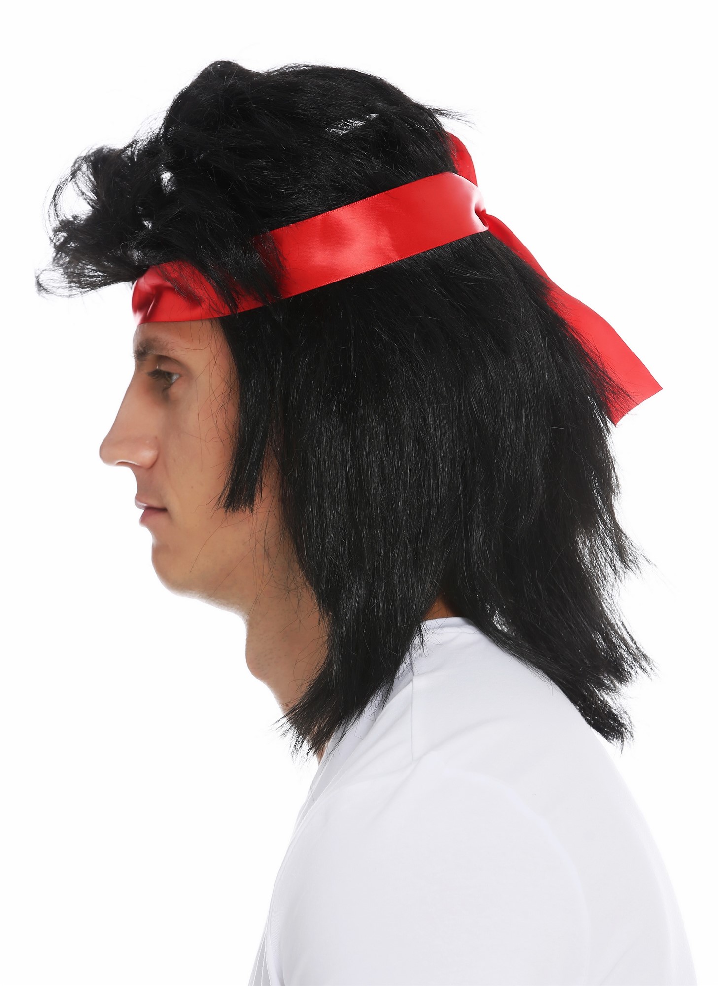 Wig & head band men long black mullet 80's action star fighter Kung Fu SARL001, view 3, WIG ME UP: Your Perücken Online Shop Party Wig, Men, pitch black, straight, shoulder-length