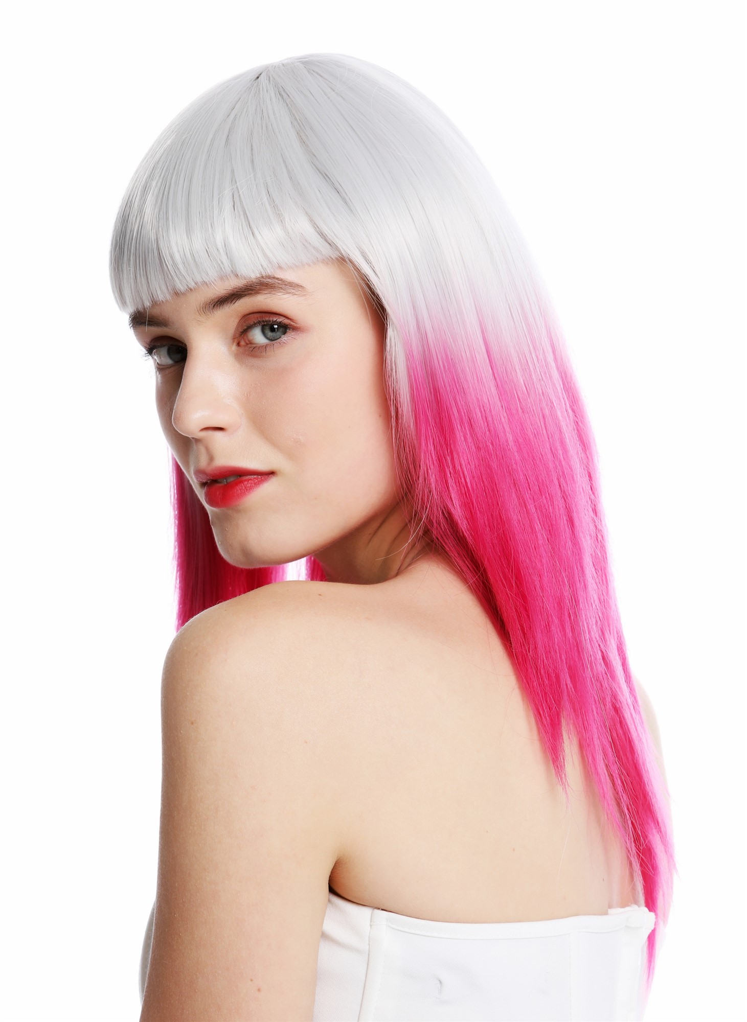 hochwertige Qualitätsperücken, Perücke lang glatt Pony Ombre Grau Rosa 8967-8CR60, Ansicht 3, WIG ME UP: Ihr Perücken Online Shop glatte Tressen-Perücke mit Kopfhaut-Imitat Grau-Rosa-Mix lange Haare für Damen