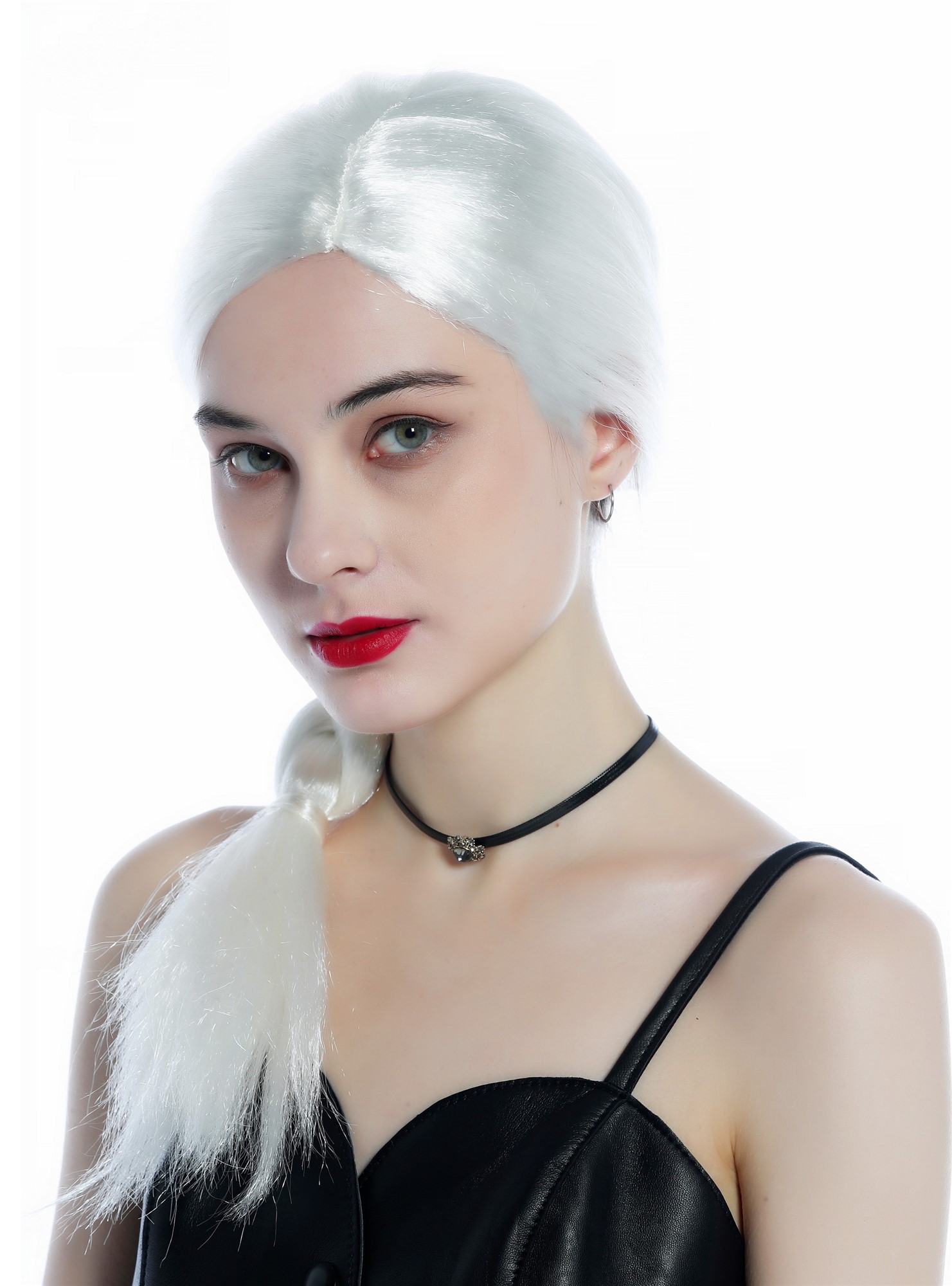 günstige Party Perücke, Perücke glatt weiß Mittelscheitel dicker geflochtener Zopf 91800-ZA68, Ansicht 6, WIG ME UP: Ihr Perücken Online Shop geflochtene Party Perücke Blütenweiß lange Haare für Damen