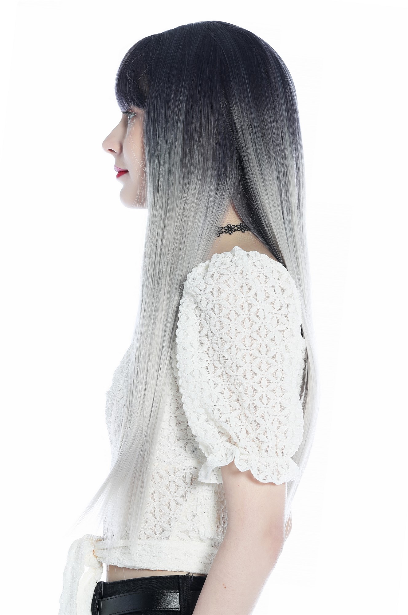 hochwertige Qualitätsperücken, Perücke lang glatt Pony Ombre Violett-Schwarz Silberblond SZL0807B-T-001, Ansicht 3, WIG ME UP: Ihr Perücken Online Shop glatte Tressen-Perücke mit Kopfhaut-Imitat Blauschwarz-Silberblond-Verlauf lange Haare für Damen