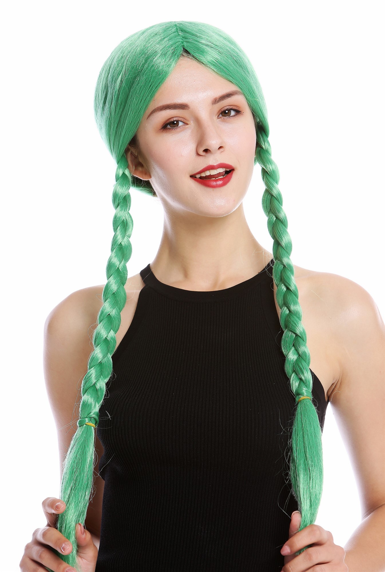Lady party wig braided plaits middle parting schoolgirl girly Lolita green 90835, front view, WIG ME UP: Your Perücken Online Shop Party Wig, Ladies, Green, Braided, long