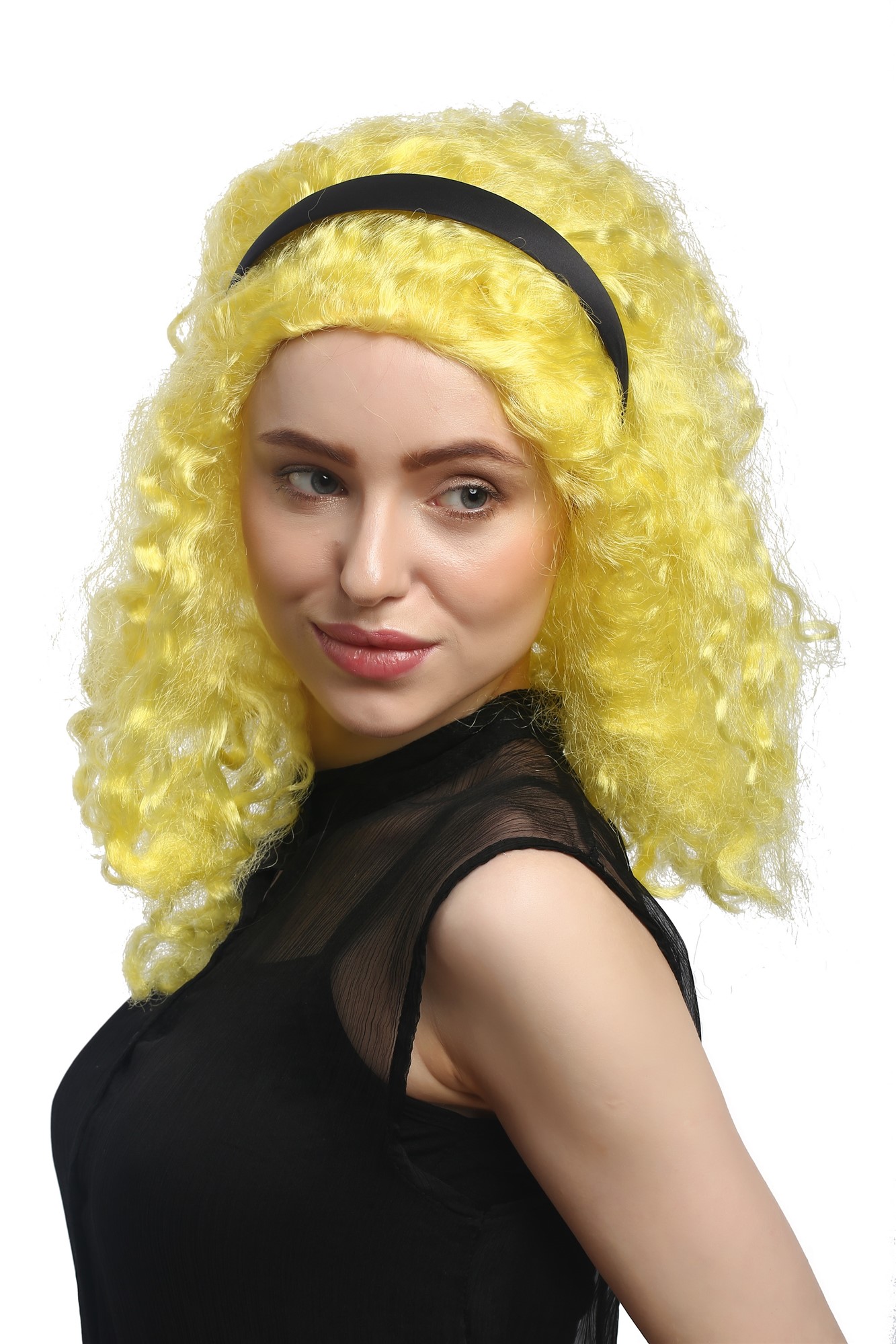 günstige Party Perücke, Perücke Krause Locken Afro Gelb Haarreif 3046-PP310, Ansicht 2, WIG ME UP: Ihr Perücken Online Shop lockige Party Perücke Gelb schulterlange Haare für Damen